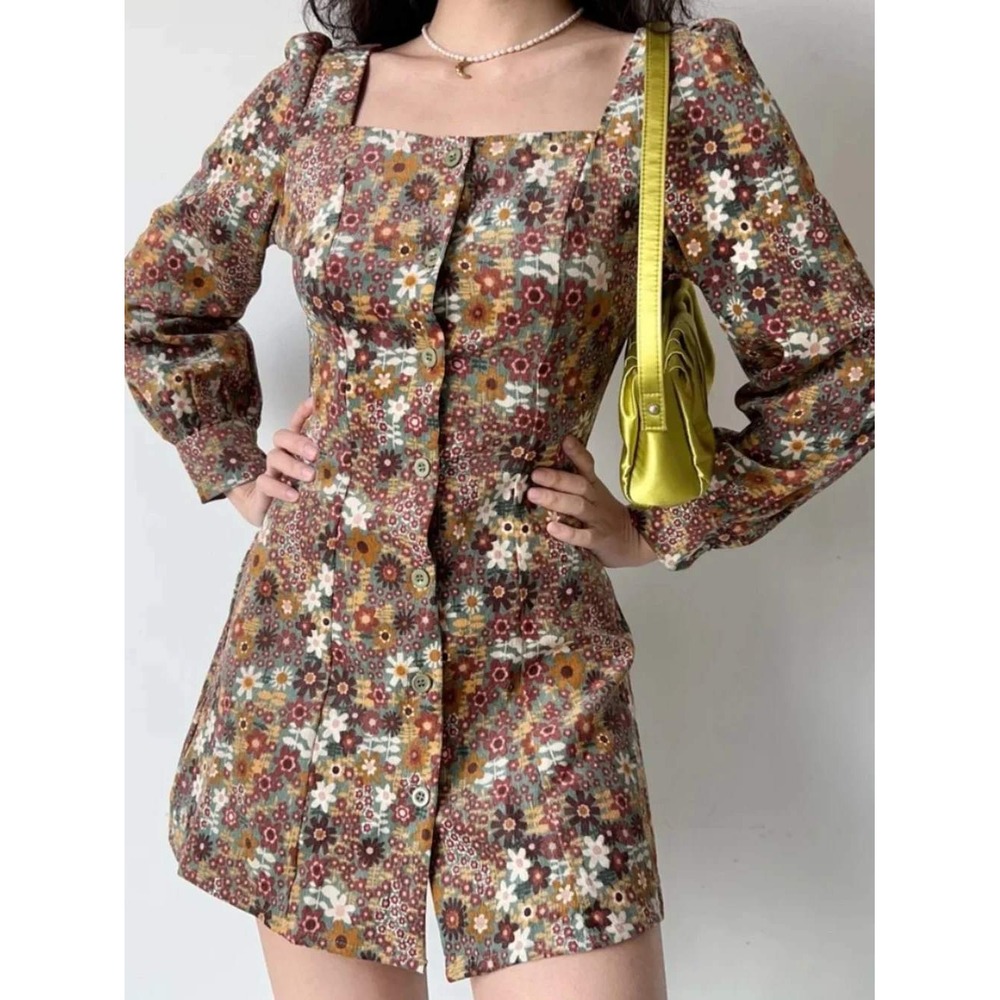 Cider Floral Corduroy Mini Dress Square Neck Bishop Sleeve Retro Multi Color S
